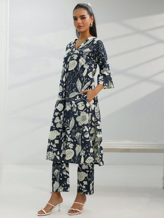 Grey Printed Cotton Straight Kurta Set