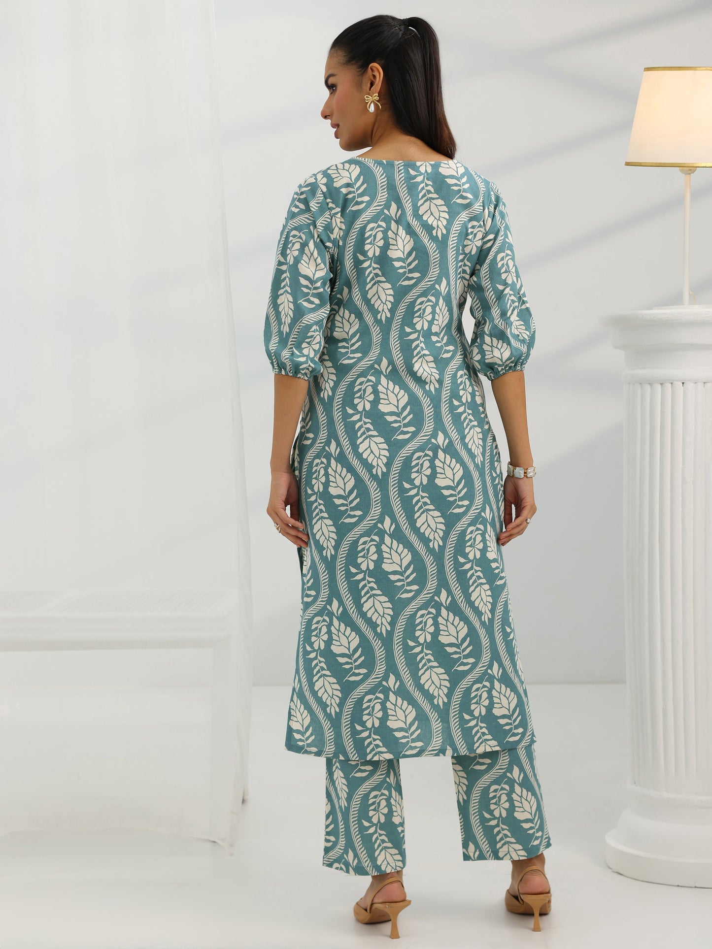 Blue Printed Cotton Straight Kurta Set