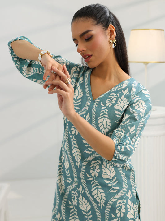 Blue Printed Cotton Straight Kurta Set