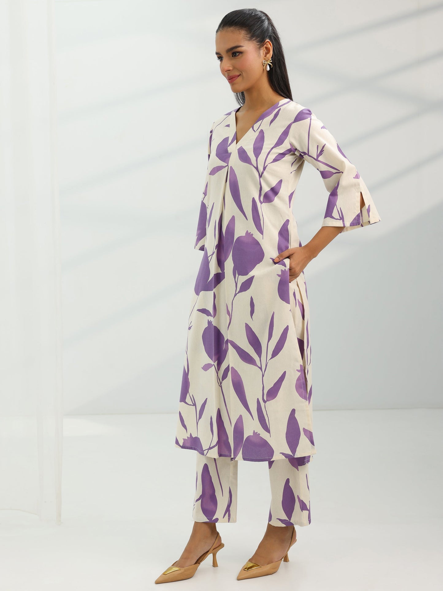 Off White Printed Cotton Straight Kurta Set