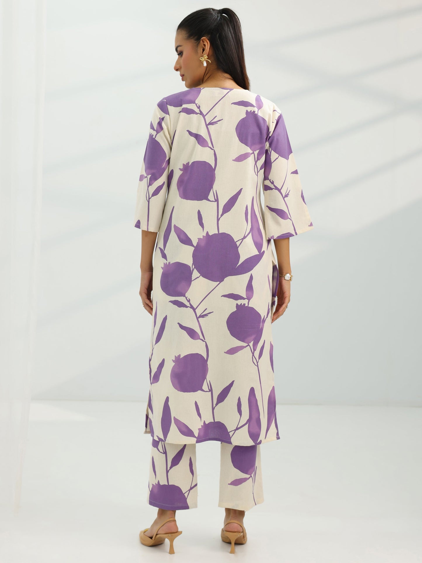 Off White Printed Cotton Straight Kurta Set