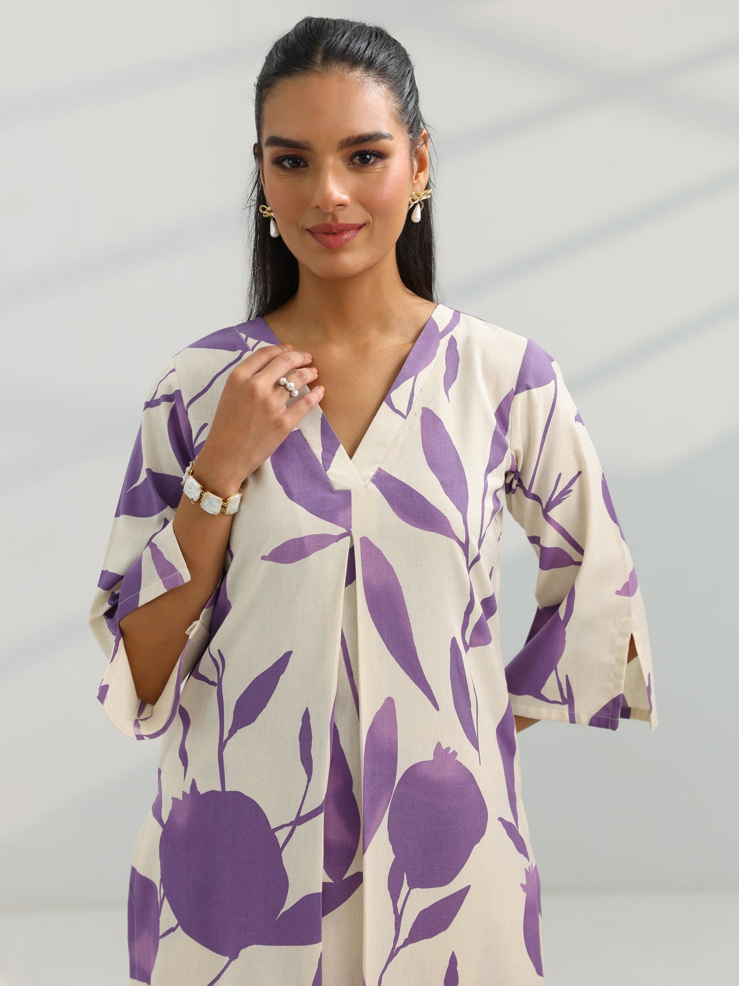 Off White Printed Cotton Straight Kurta Set