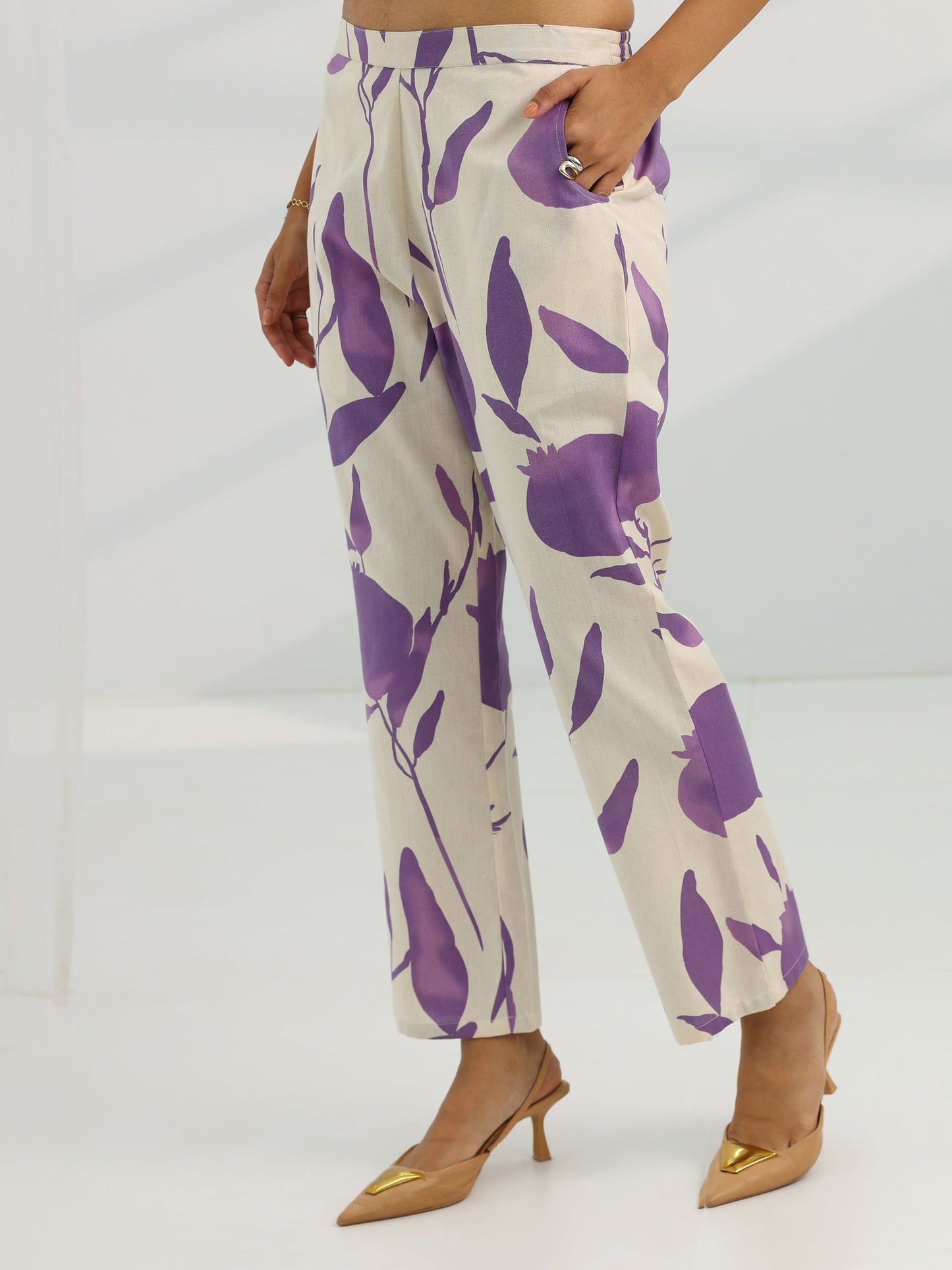 Off White Printed Cotton Straight Kurta Set