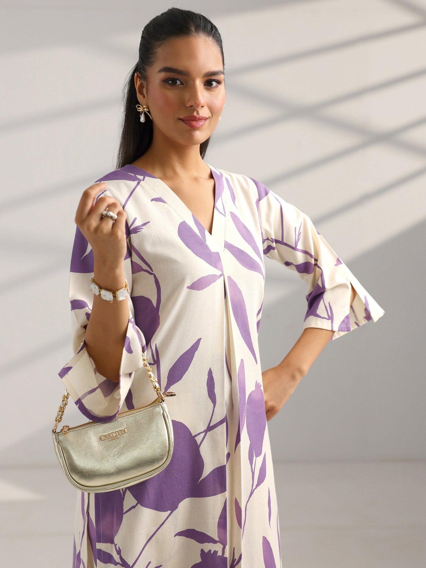 Off White Printed Cotton Straight Kurta Set