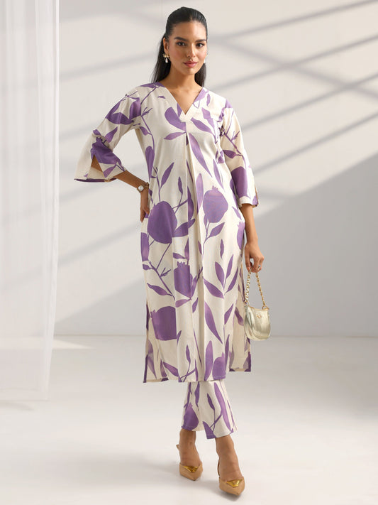 Off White Printed Cotton Straight Kurta Set