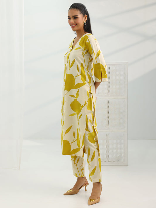 Off White Printed Cotton Straight Kurta Set