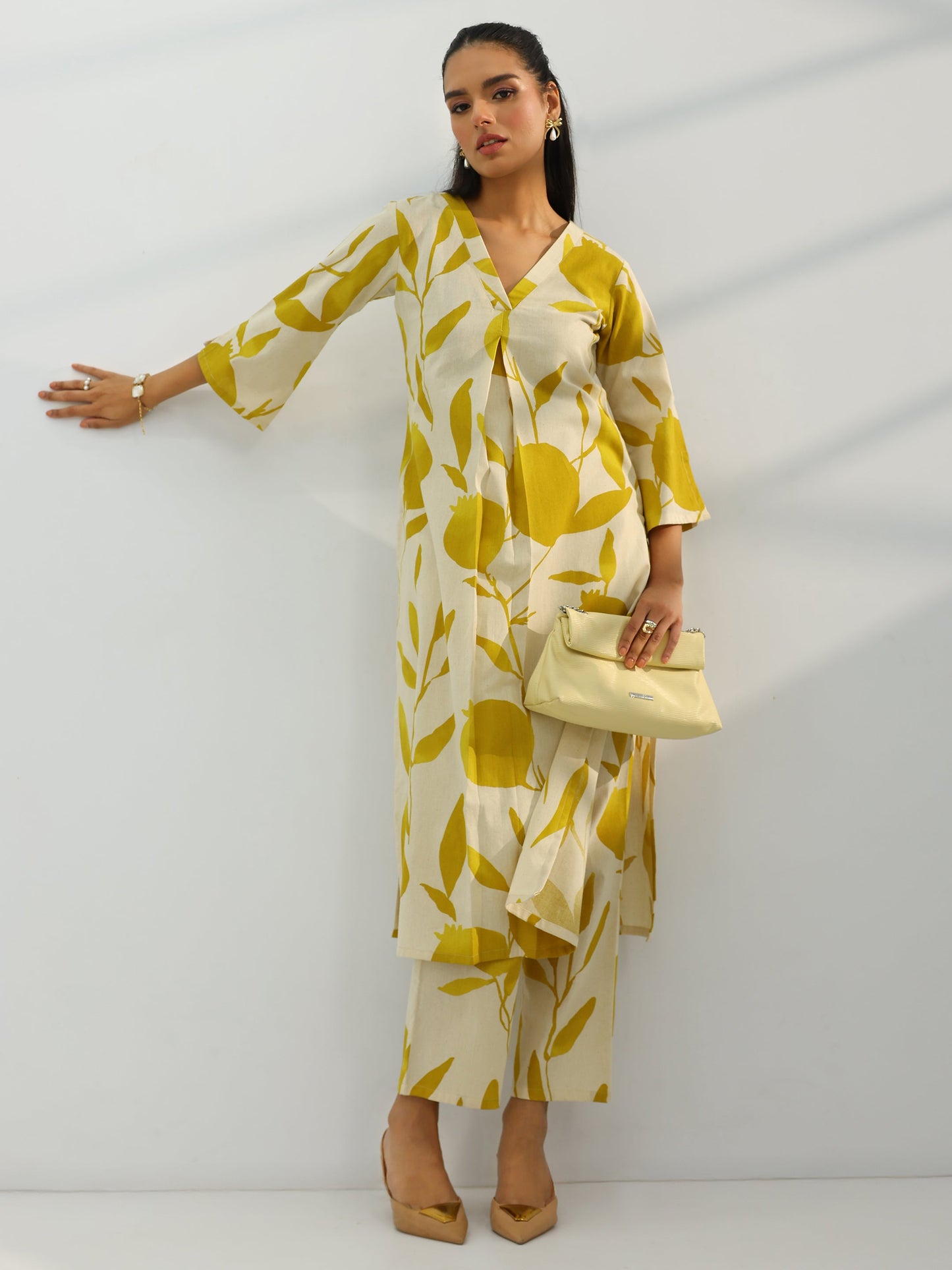 Off White Printed Cotton Straight Kurta Set