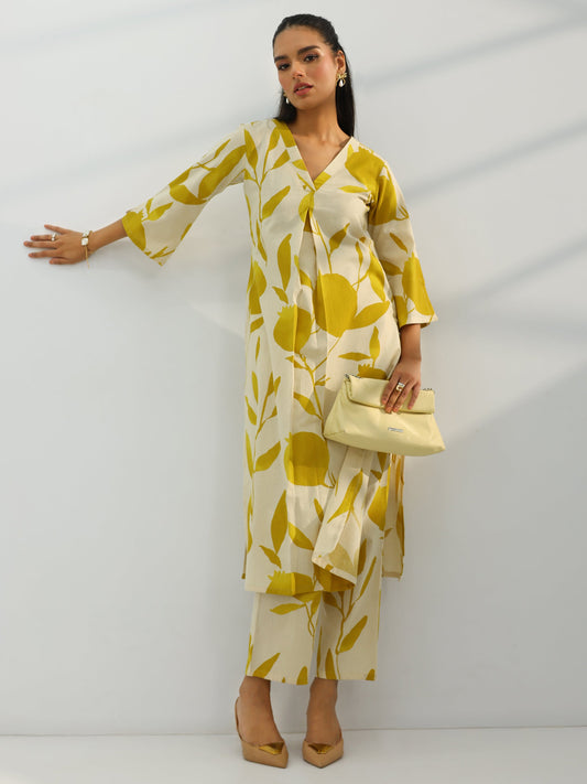 Off White Printed Cotton Straight Kurta Set