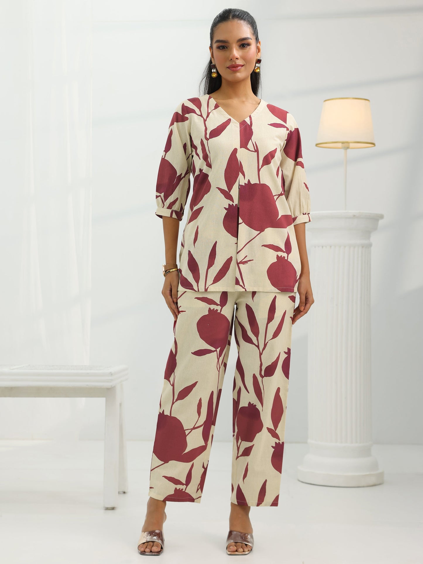 Off White Printed Cotton Straight Co-Ord Sets