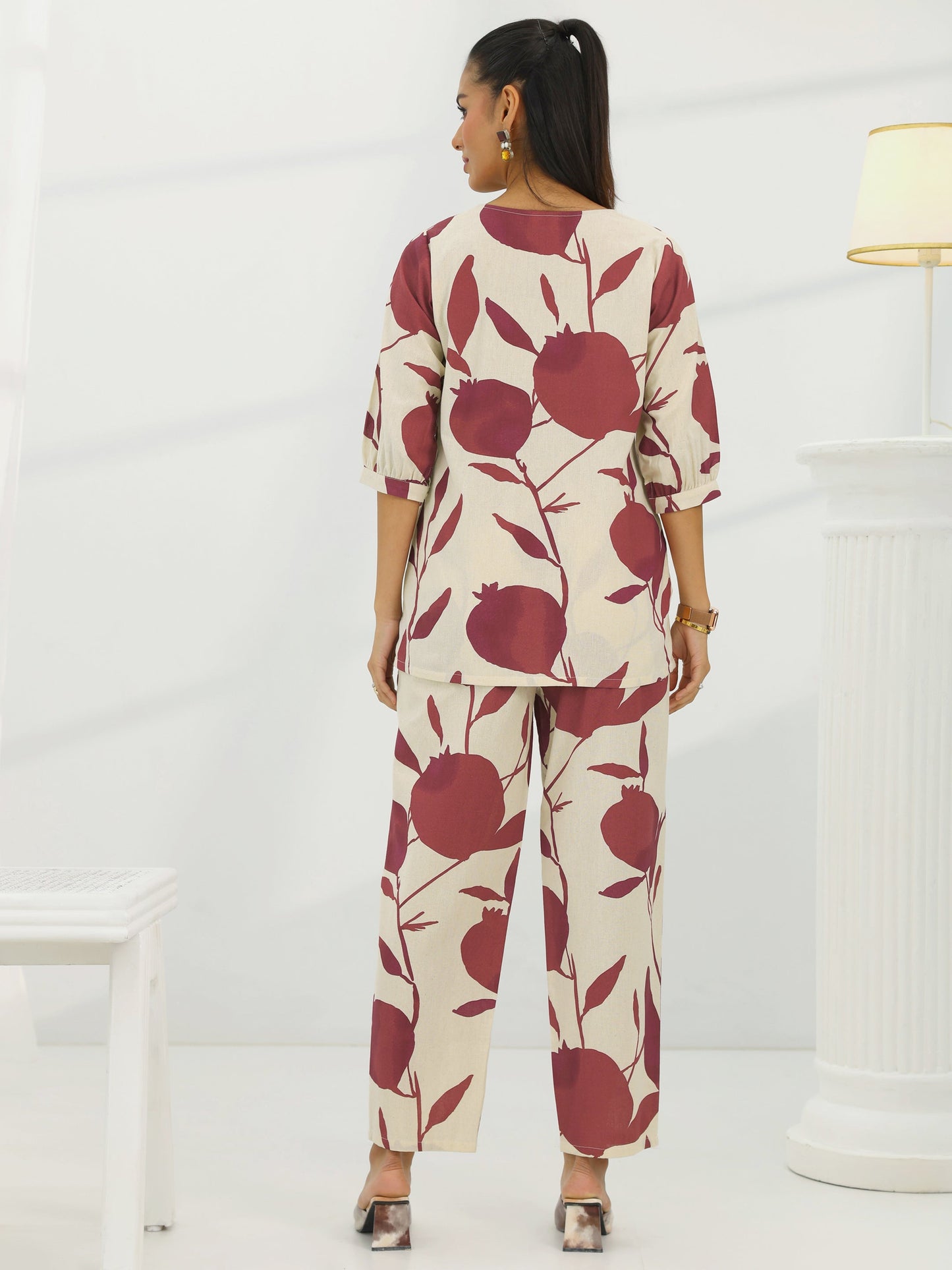 Off White Printed Cotton Straight Co-Ord Sets