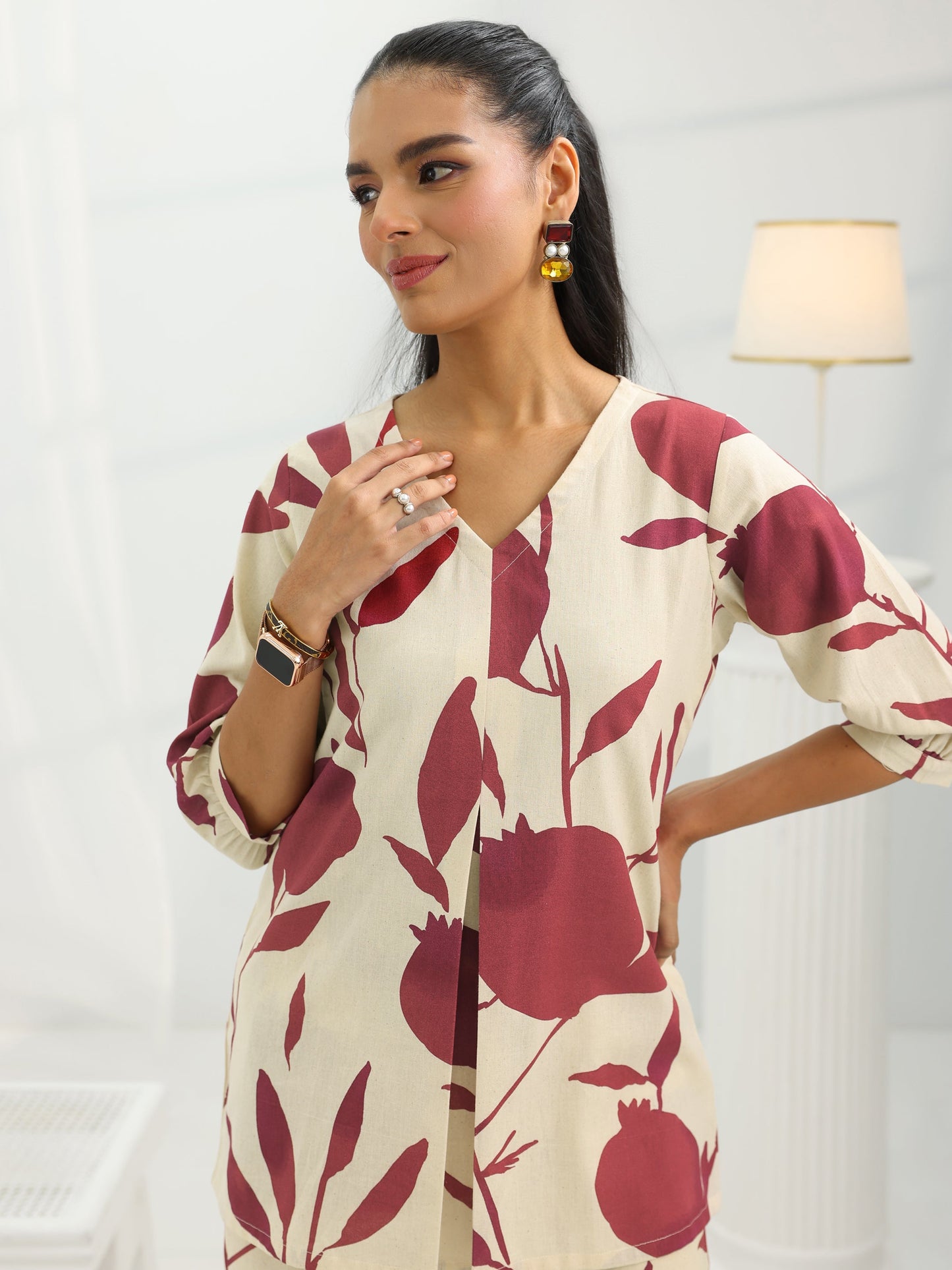 Off White Printed Cotton Straight Co-Ord Sets