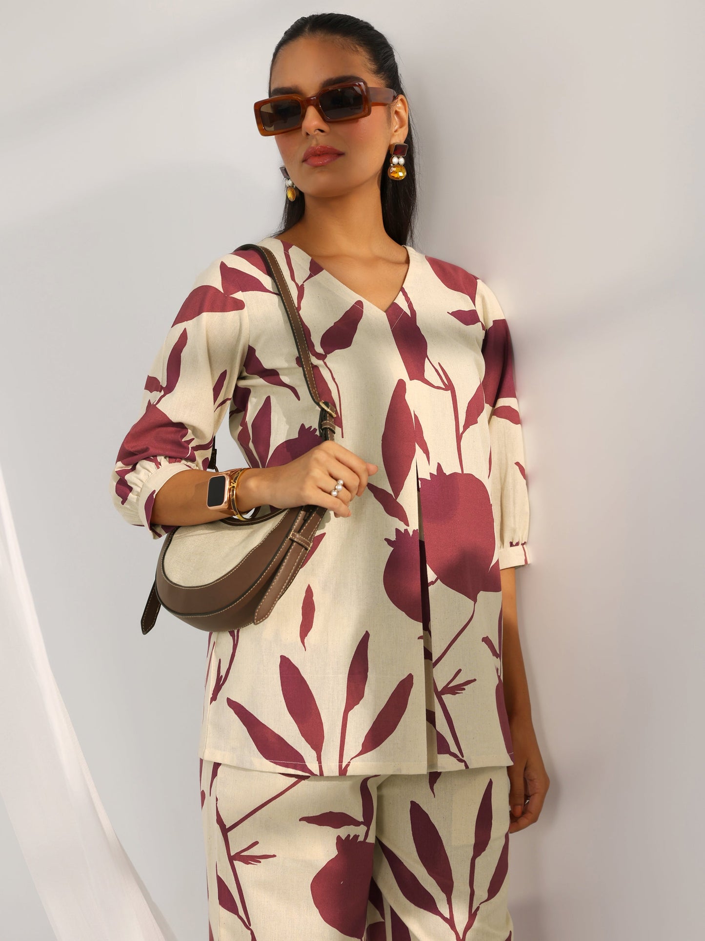 Off White Printed Cotton Straight Co-Ord Sets