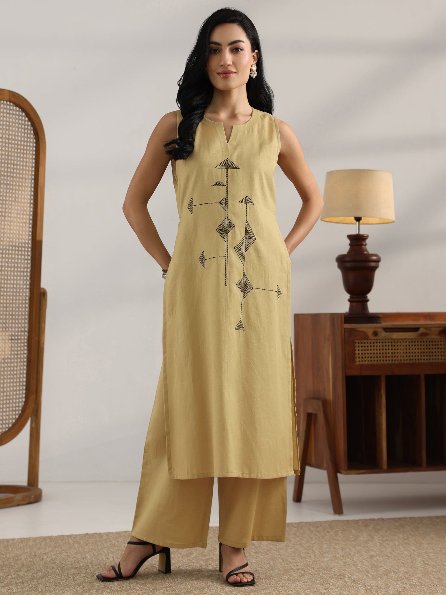 Beige Embroidered Cotton Straight Kurta Set