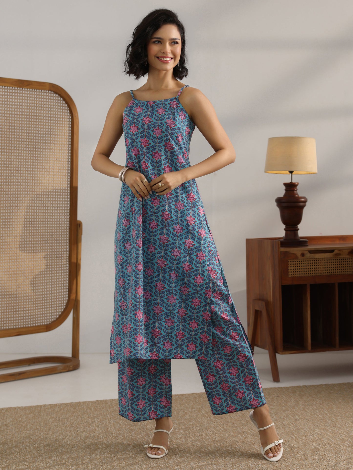 Blue Printed Cotton Straight Kurta Set