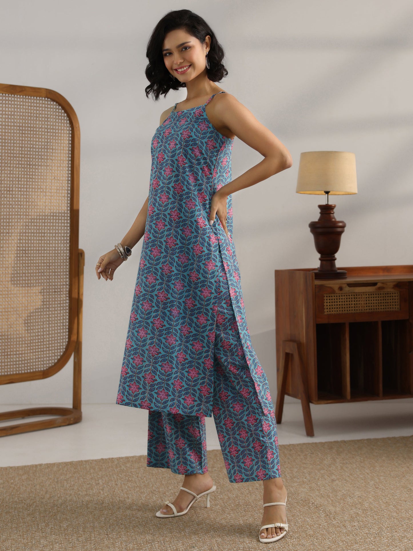 Blue Printed Cotton Straight Kurta Set