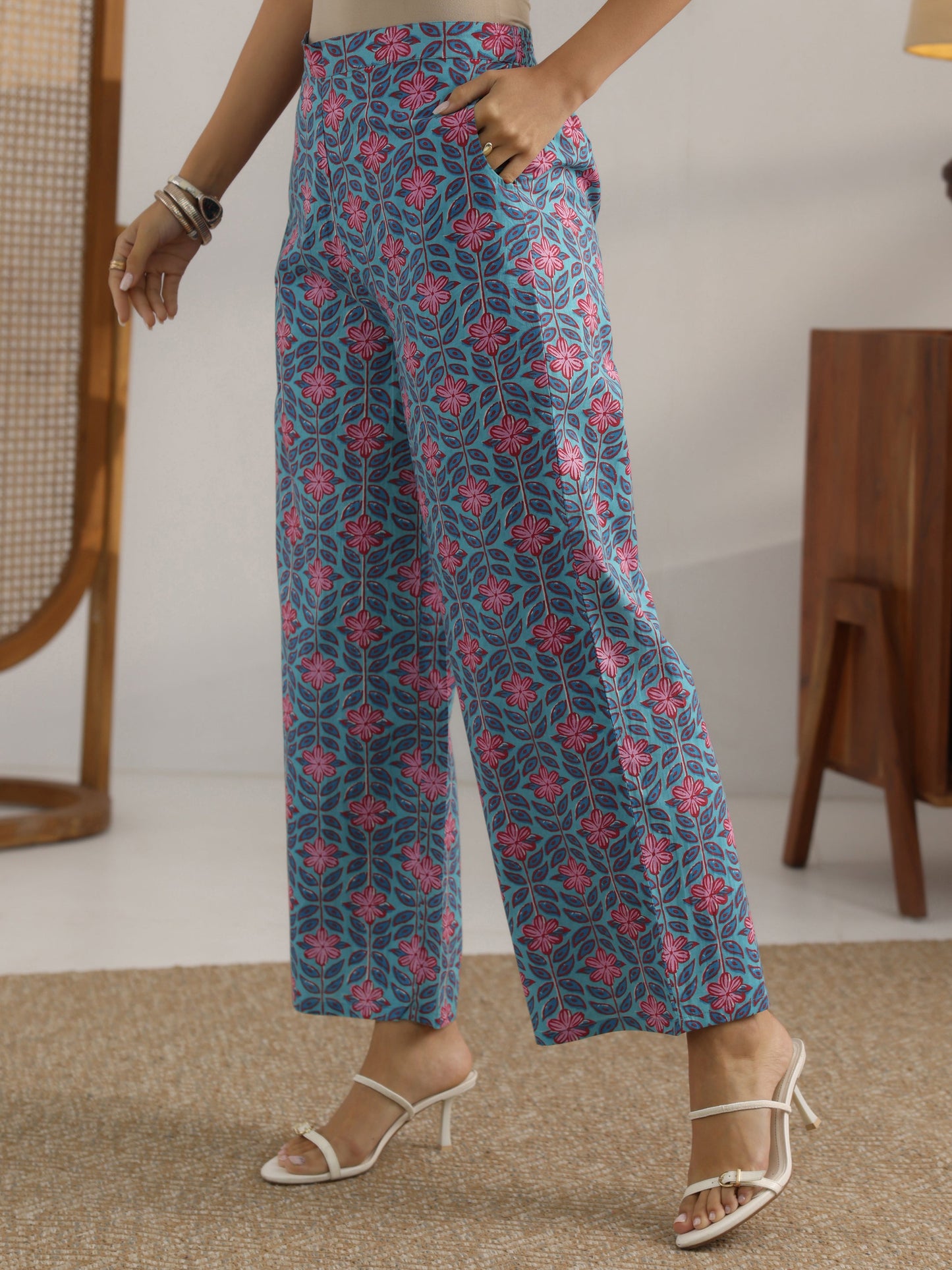 Blue Printed Cotton Straight Kurta Set