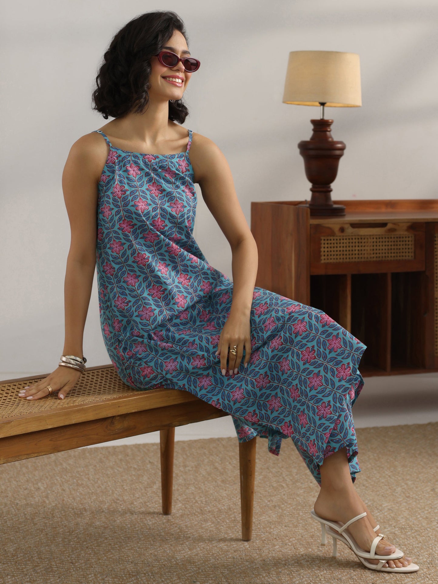 Blue Printed Cotton Straight Kurta Set