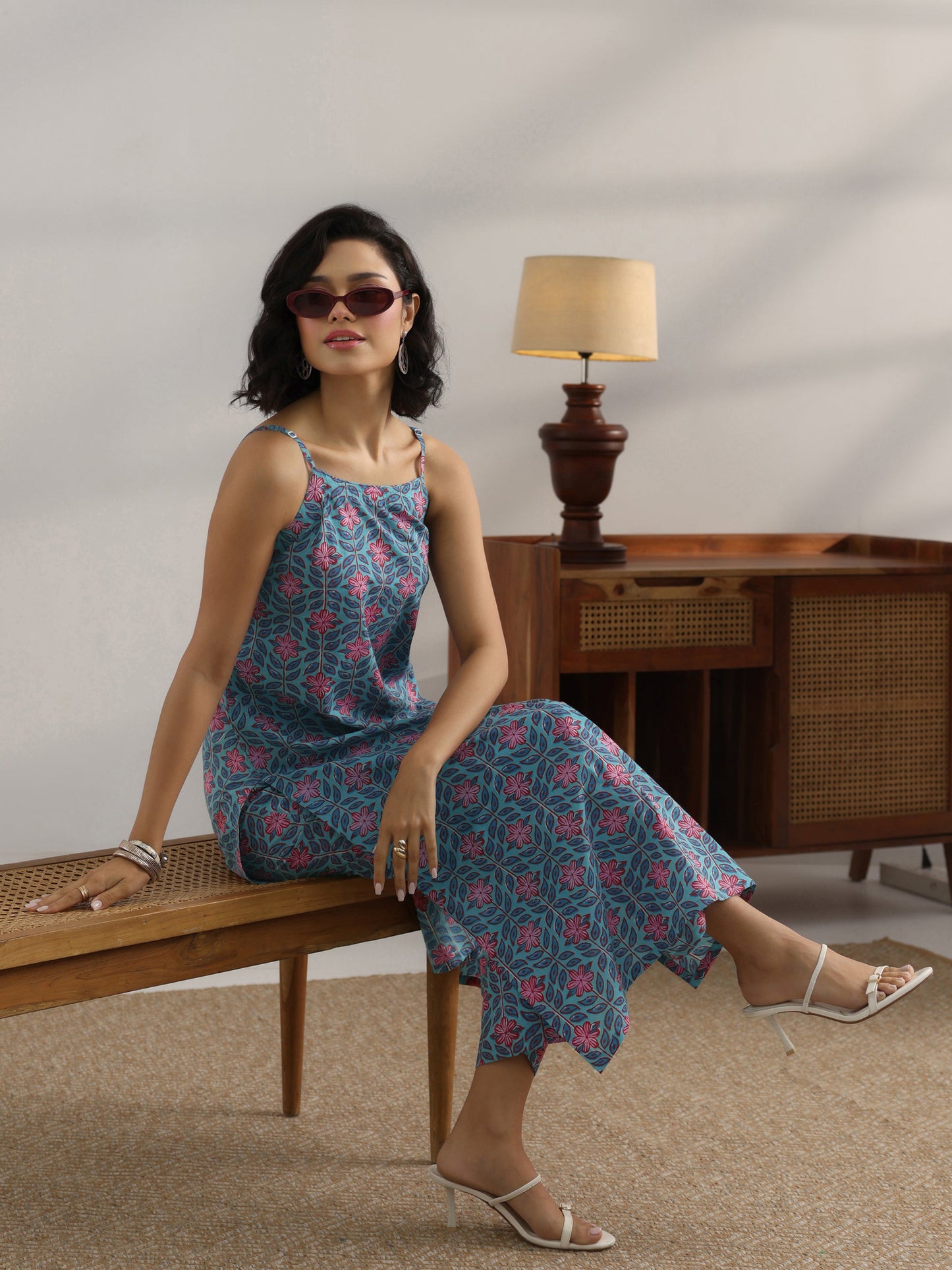 Blue Printed Cotton Straight Kurta Set