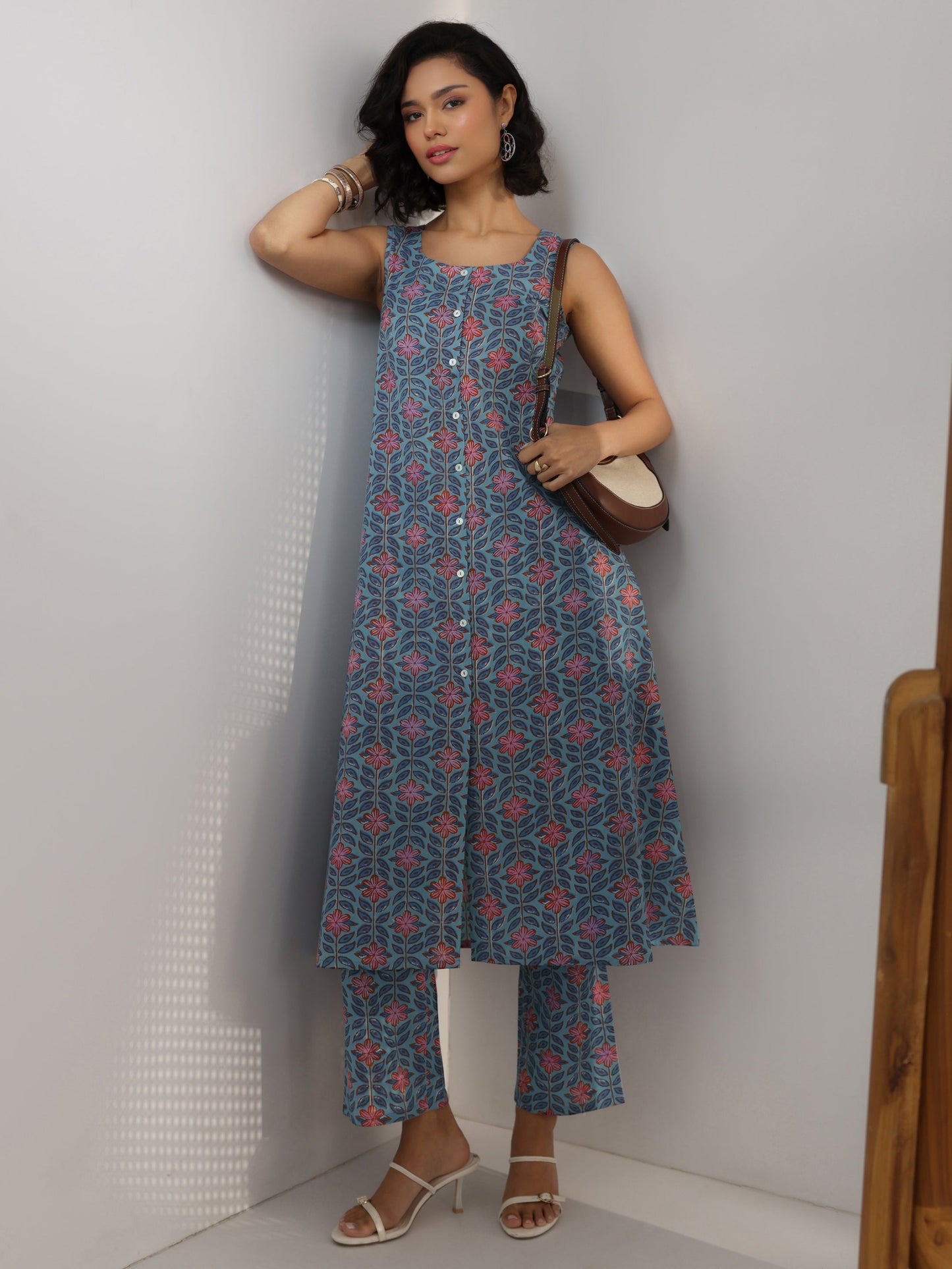 Blue Printed Cotton Straight Kurta Set