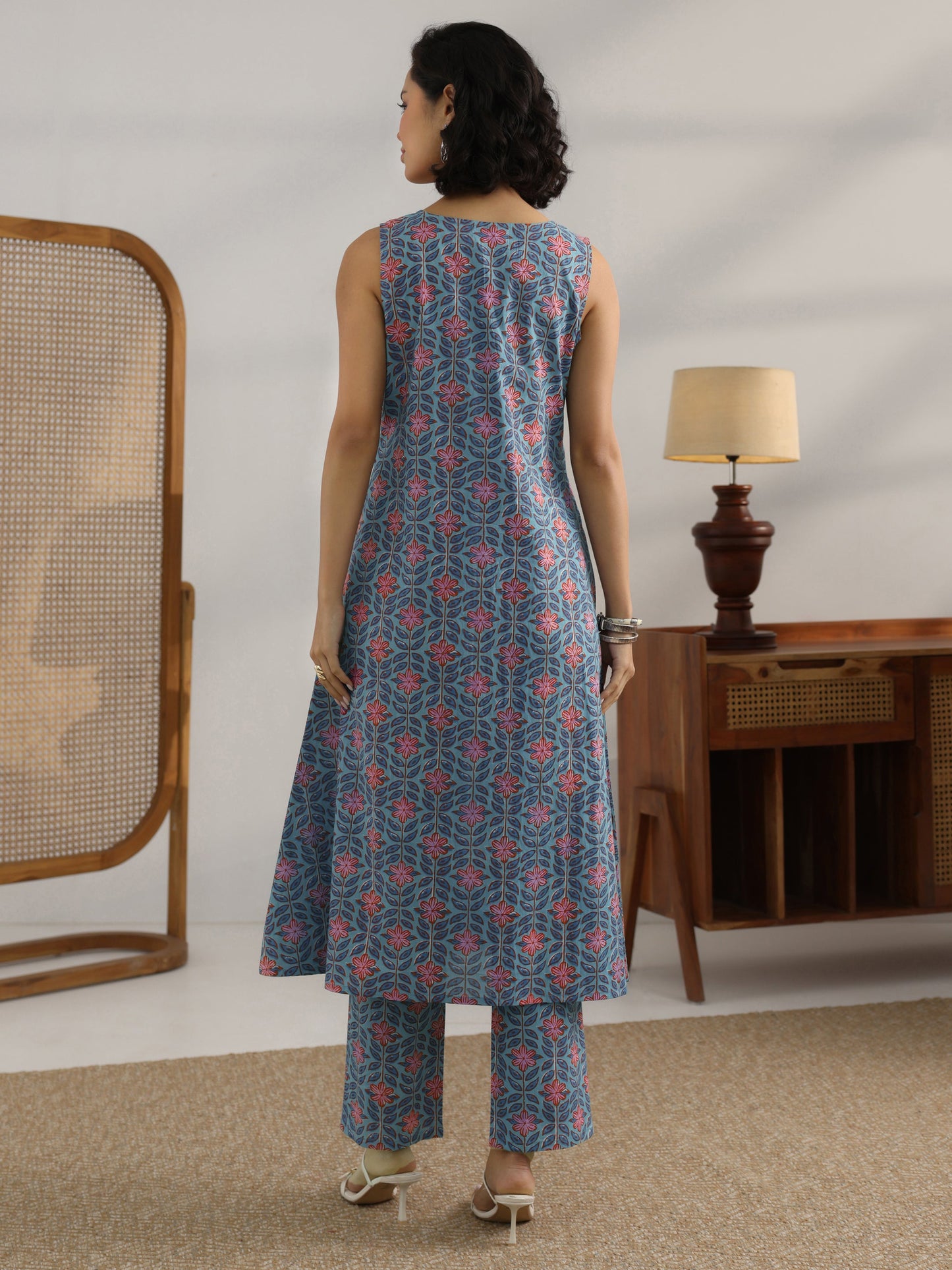 Blue Printed Cotton Straight Kurta Set