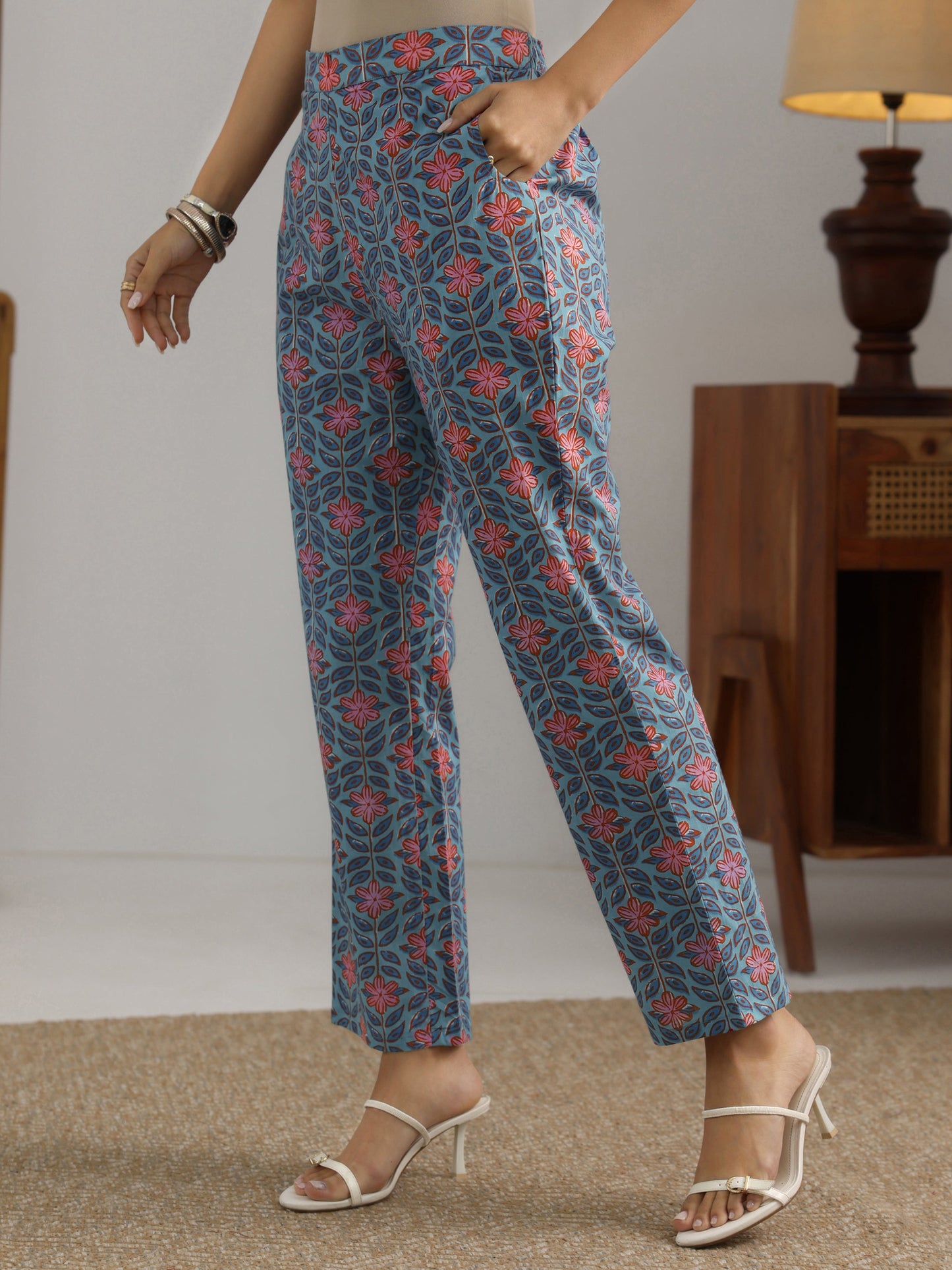 Blue Printed Cotton Straight Kurta Set