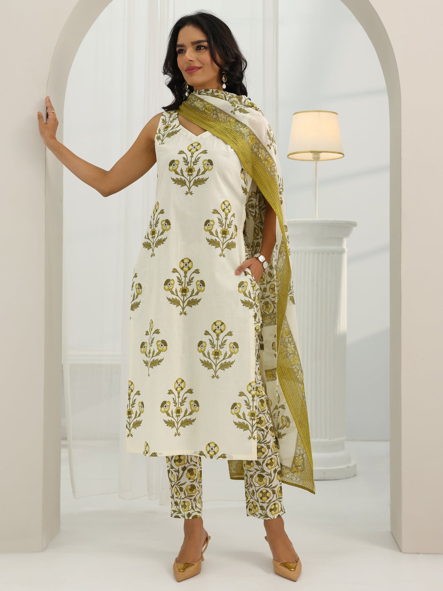 Off White Printed Cotton Straight Suit Set With Dupatta