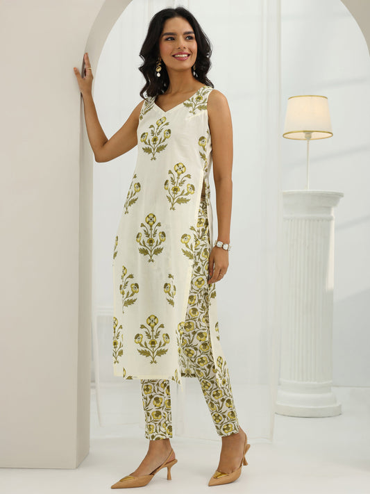 Off White Printed Cotton Straight Suit Set With Dupatta