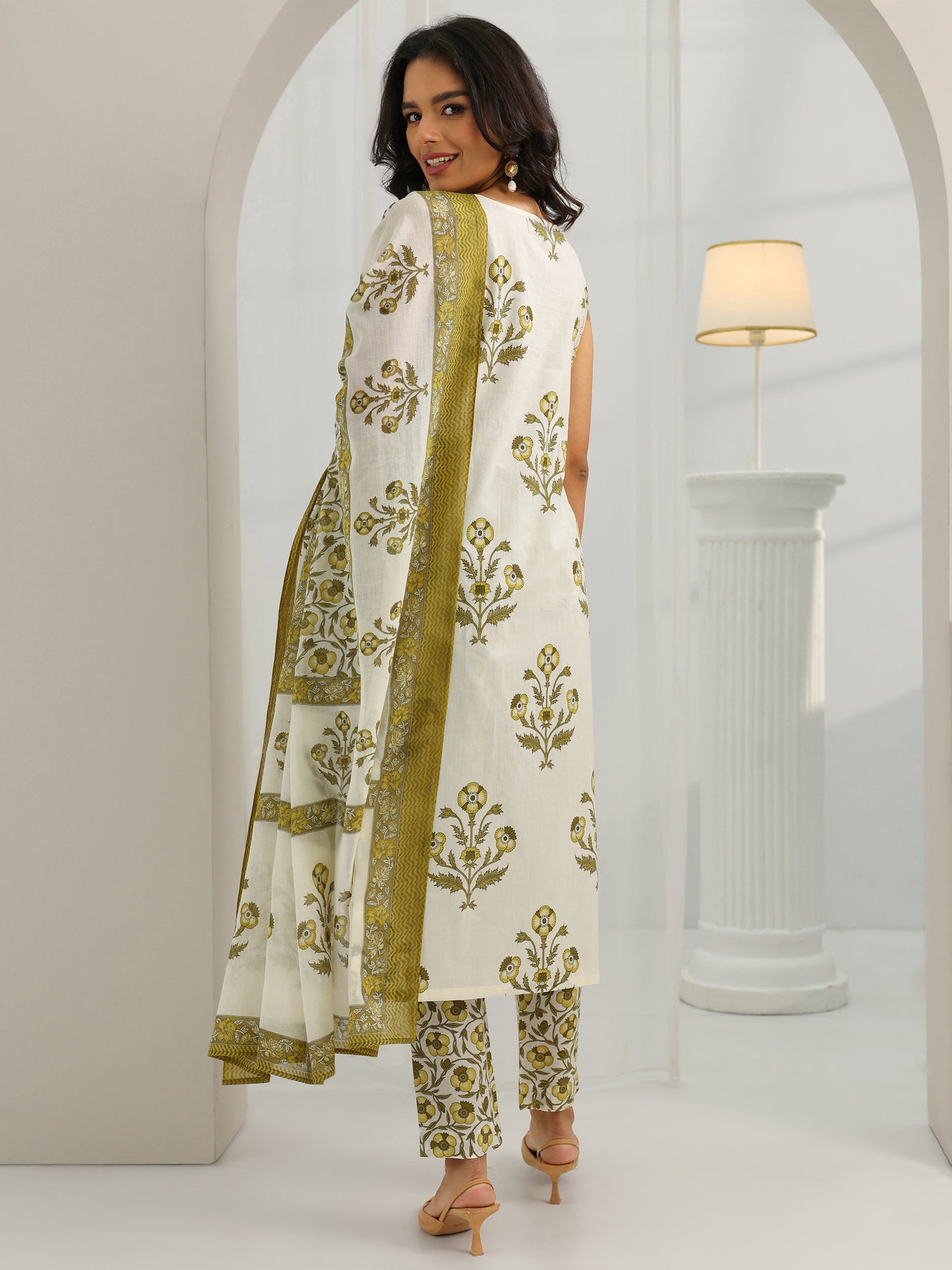 Off White Printed Cotton Straight Suit Set With Dupatta