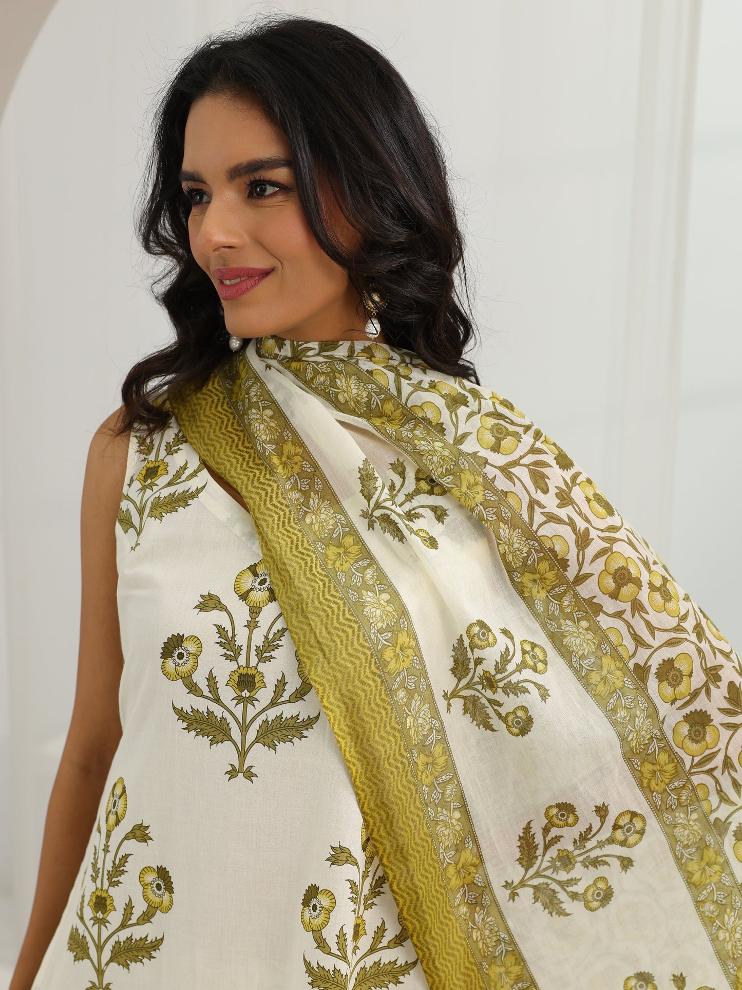 Off White Printed Cotton Straight Suit Set With Dupatta