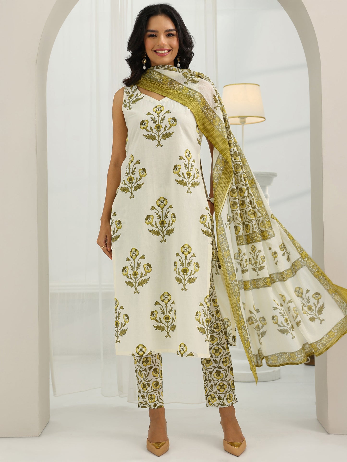Off White Printed Cotton Straight Suit Set With Dupatta