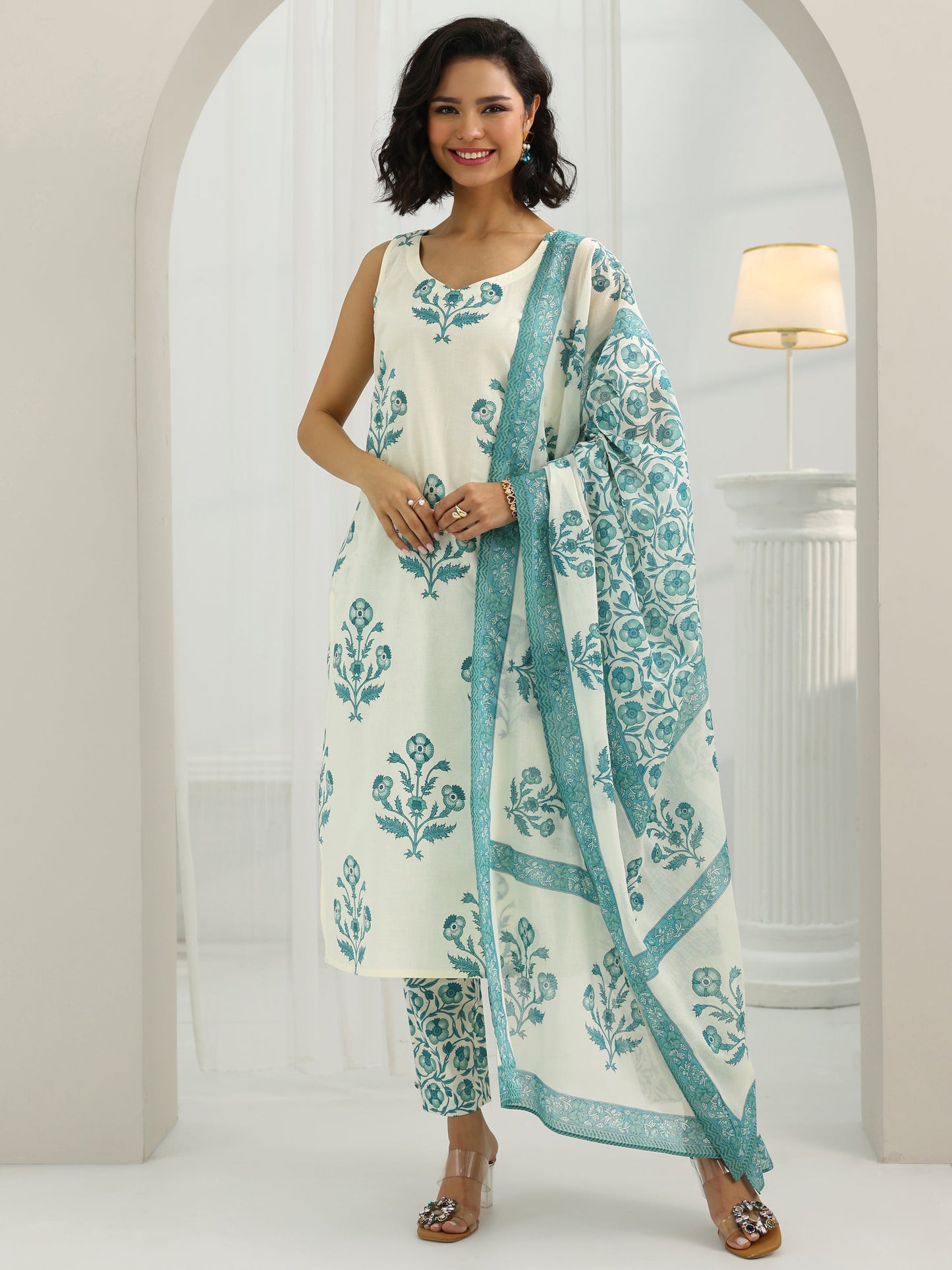 Off White Printed Cotton Straight Suit Set With Dupatta