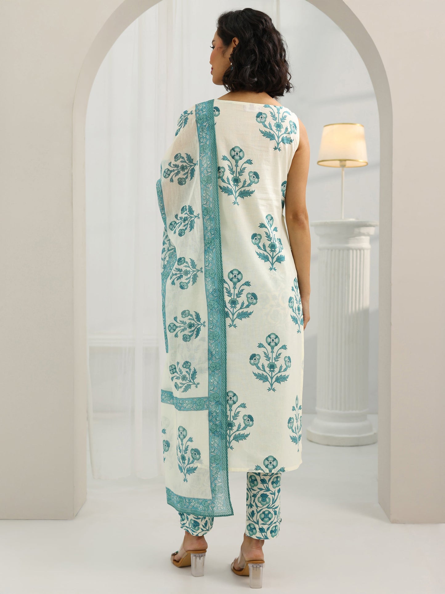 Off White Printed Cotton Straight Suit Set With Dupatta