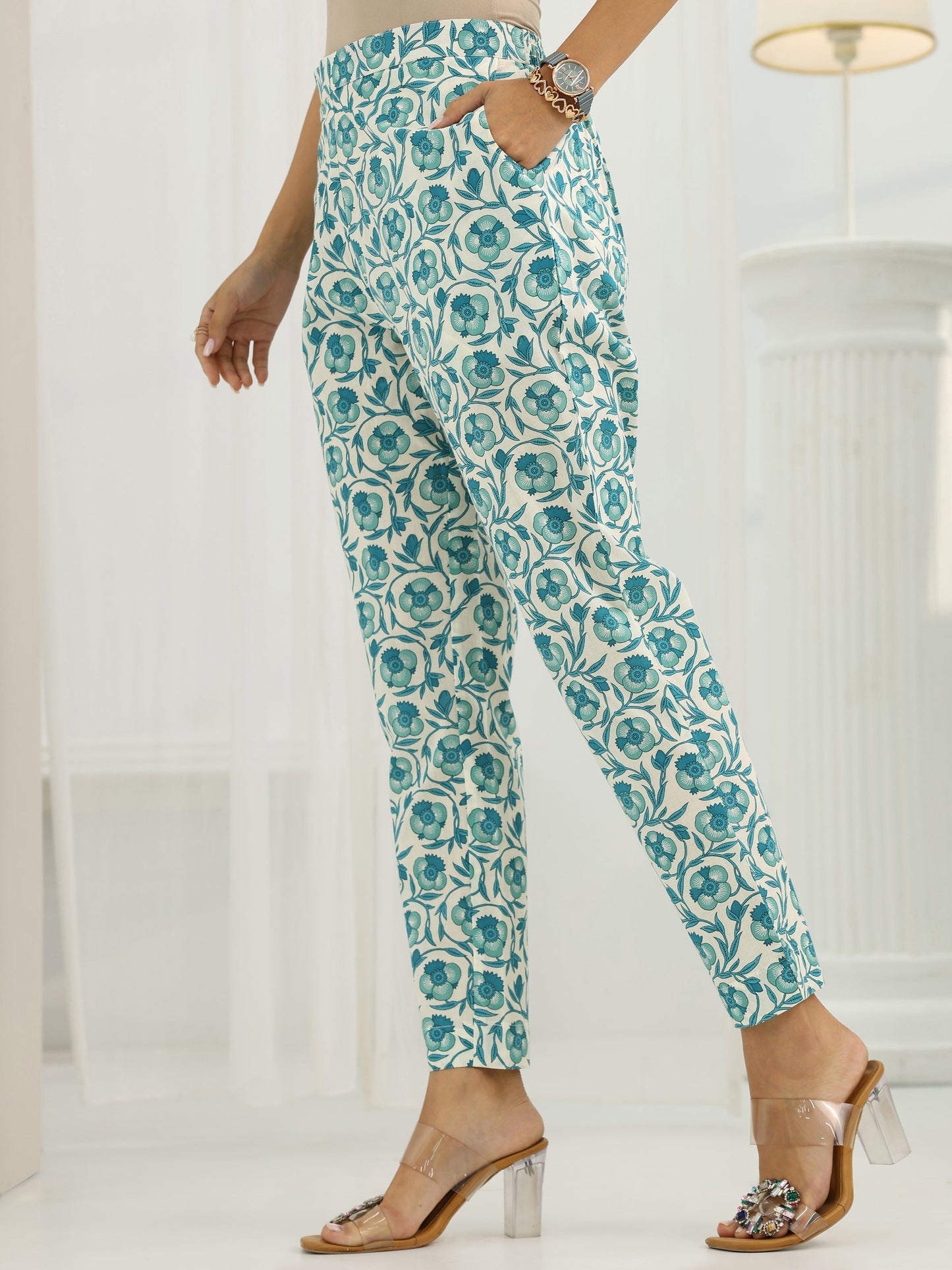 Off White Printed Cotton Straight Suit Set With Dupatta