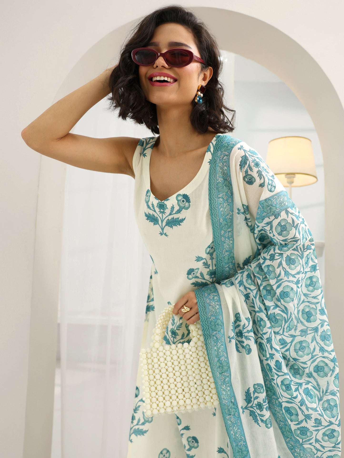 Off White Printed Cotton Straight Suit Set With Dupatta
