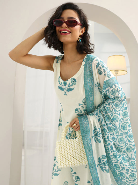 Off White Printed Cotton Straight Suit Set With Dupatta