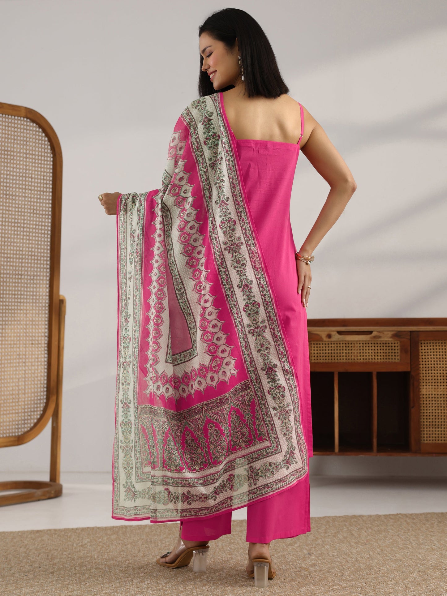 Pink Printed Cotton Straight Suit Set With Dupatta