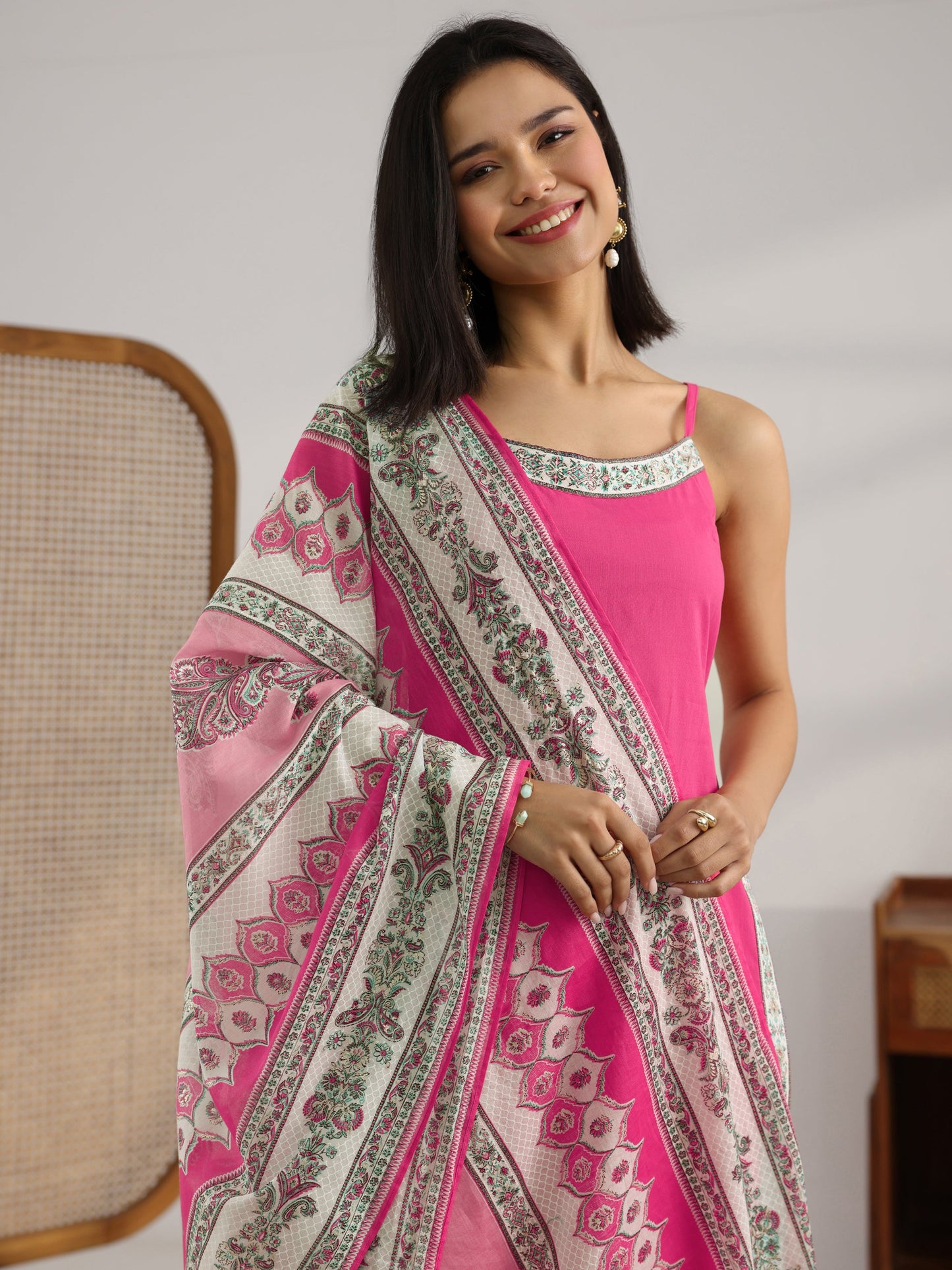 Pink Printed Cotton Straight Suit Set With Dupatta