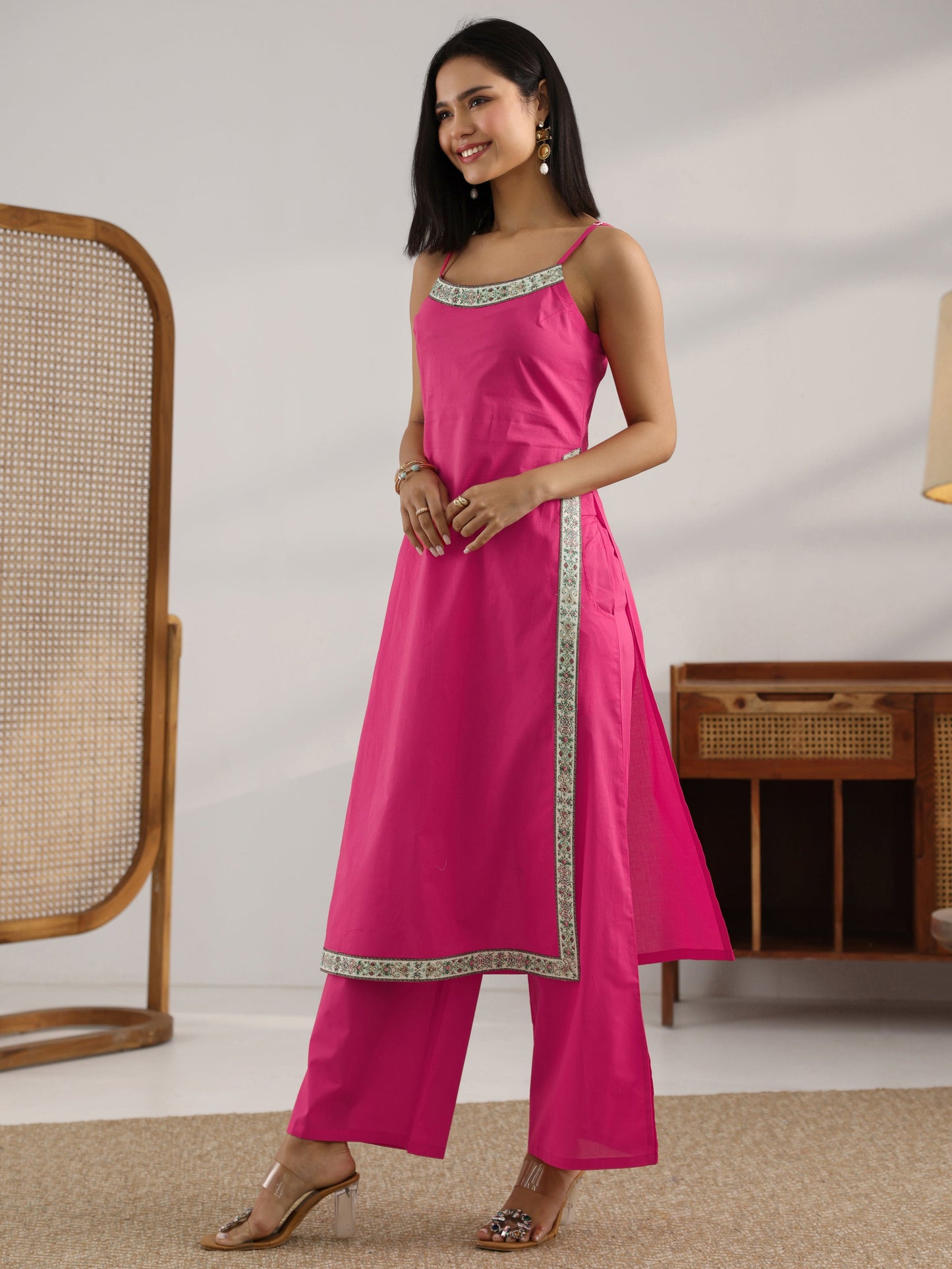 Pink Printed Cotton Straight Suit Set With Dupatta