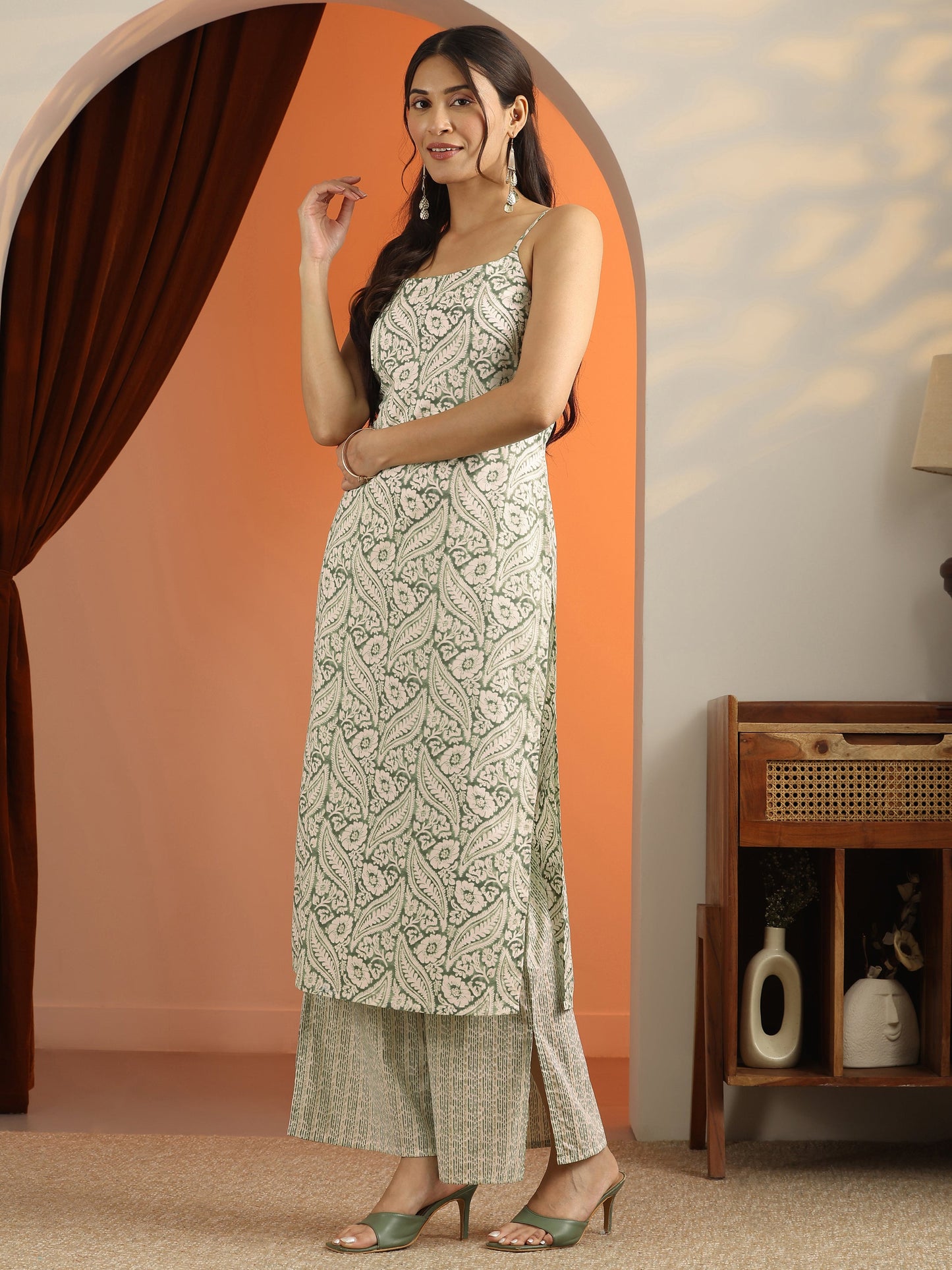 Green Printed Cotton Straight Suit Set With Dupatta