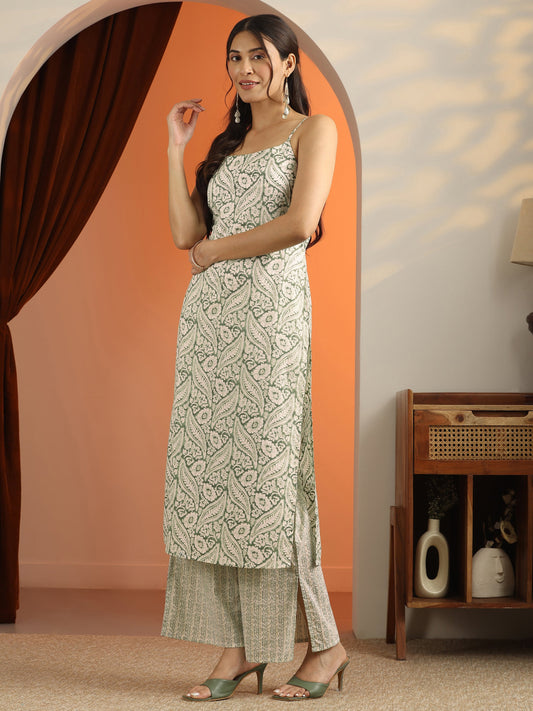 Green Printed Cotton Straight Suit Set With Dupatta
