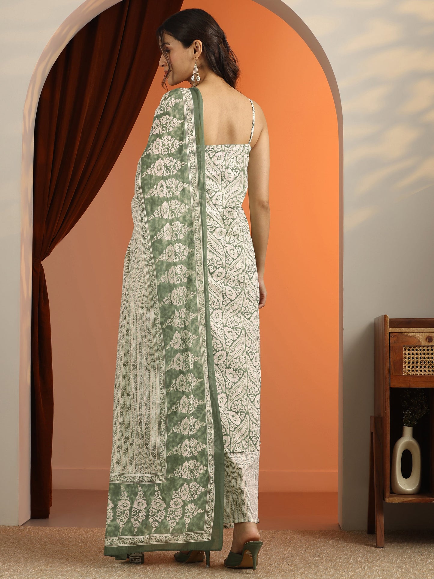 Green Printed Cotton Straight Suit Set With Dupatta