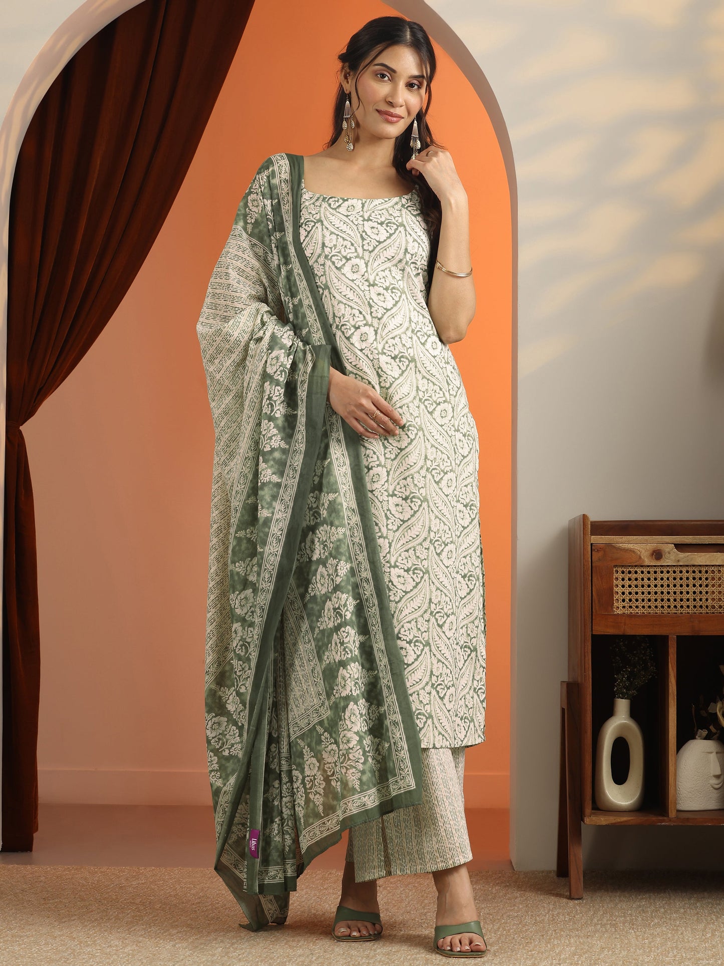 Green Printed Cotton Straight Suit Set With Dupatta