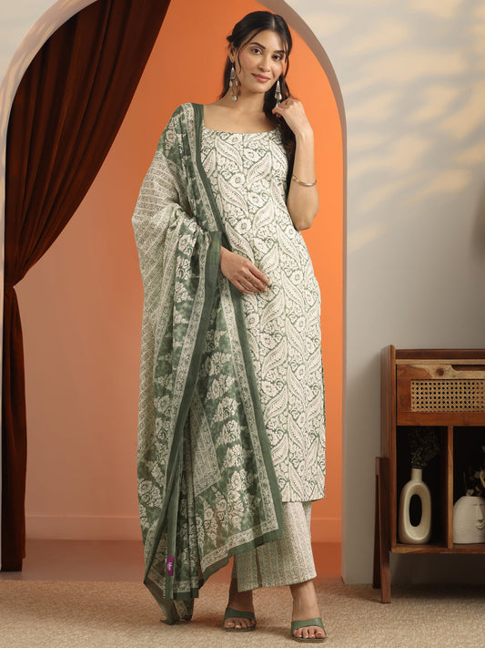 Green Printed Cotton Straight Suit Set With Dupatta