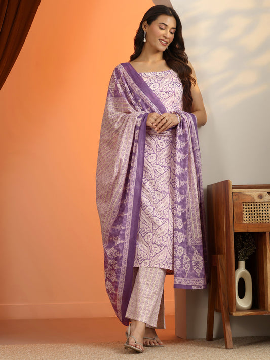 Purple Printed Cotton Straight Suit Set With Dupatta