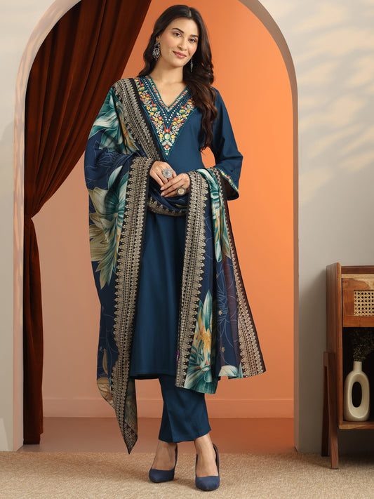Blue Embroidered Rayon Straight Suit Set With Dupatta