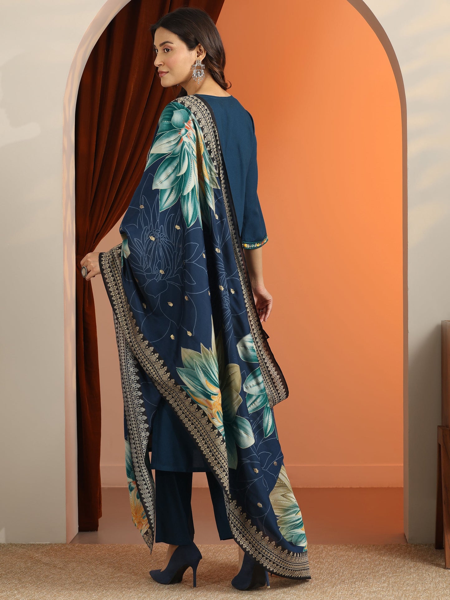 Blue Embroidered Rayon Straight Suit Set With Dupatta