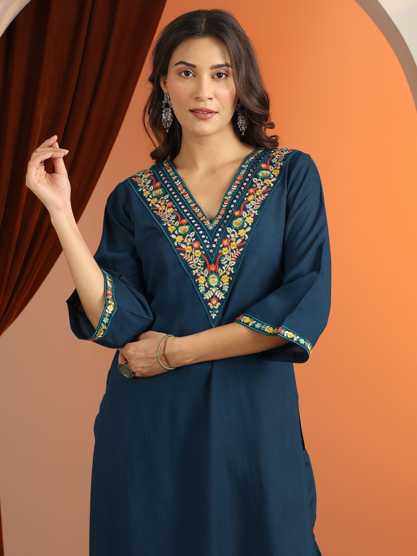Blue Embroidered Rayon Straight Suit Set With Dupatta