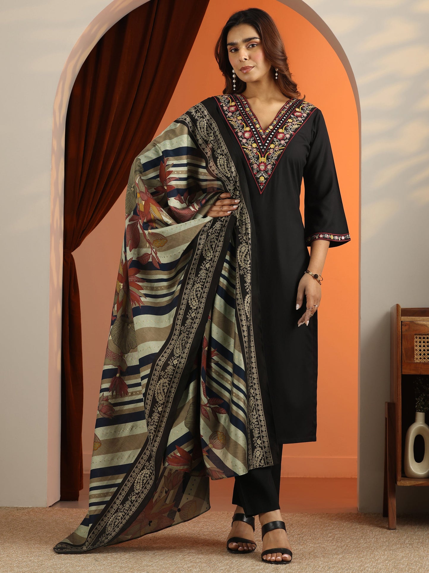 Black Embroidered Rayon Straight Suit Set With Dupatta