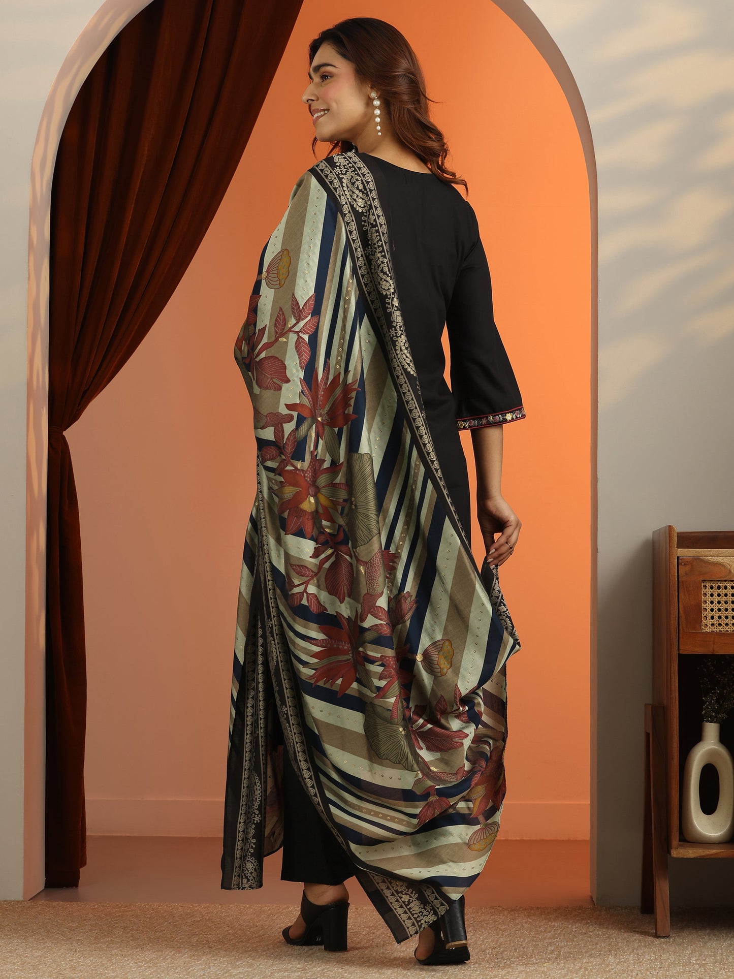 Black Embroidered Rayon Straight Suit Set With Dupatta