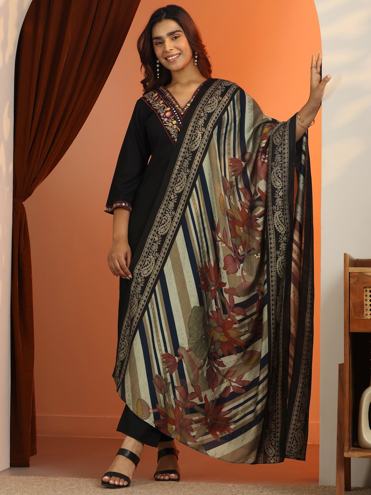Black Embroidered Rayon Straight Suit Set With Dupatta